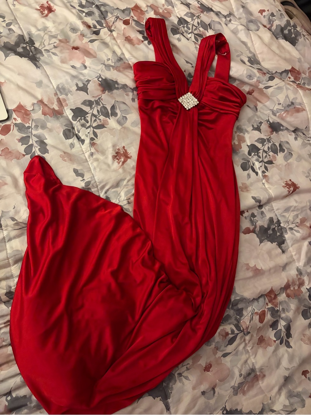 Masquerade Red Satin Maxi Dress with Rhinestone Accent